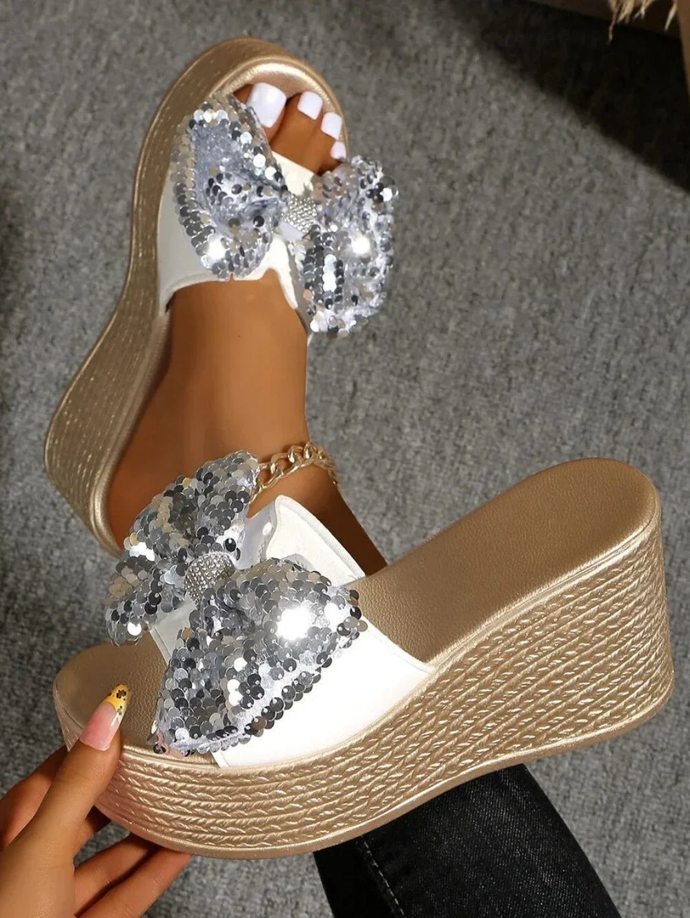 Oversized Sequin Bow Open Toe Shoes Chunky Sparkle Bling Platform Wedge Sandals